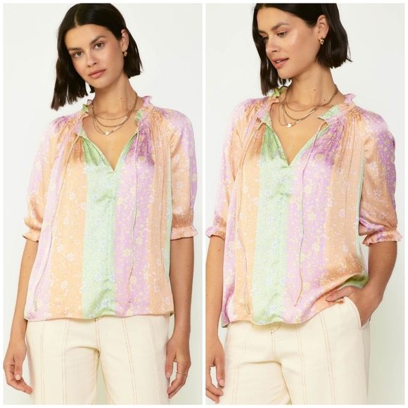 CURRENT AIR Anthropologie Color Block Floral Short Sleeves Relaxed Fit Blouse - Picture 6 of 7